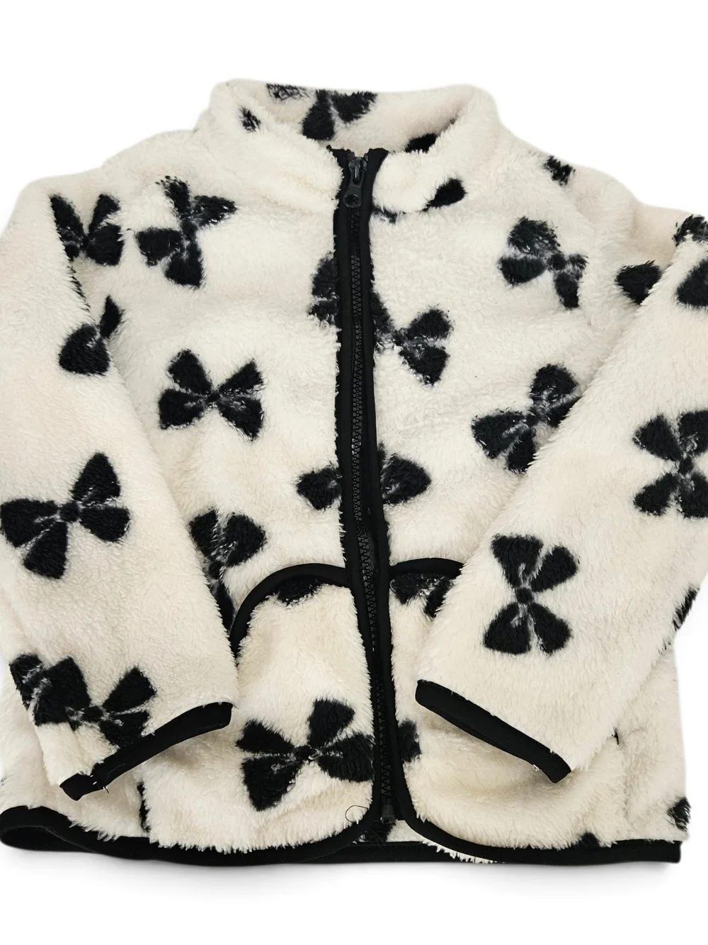 Girls Size 5 Cream Black Plush Fleece 2 Piece Set Bow Print NWOT Coquette
